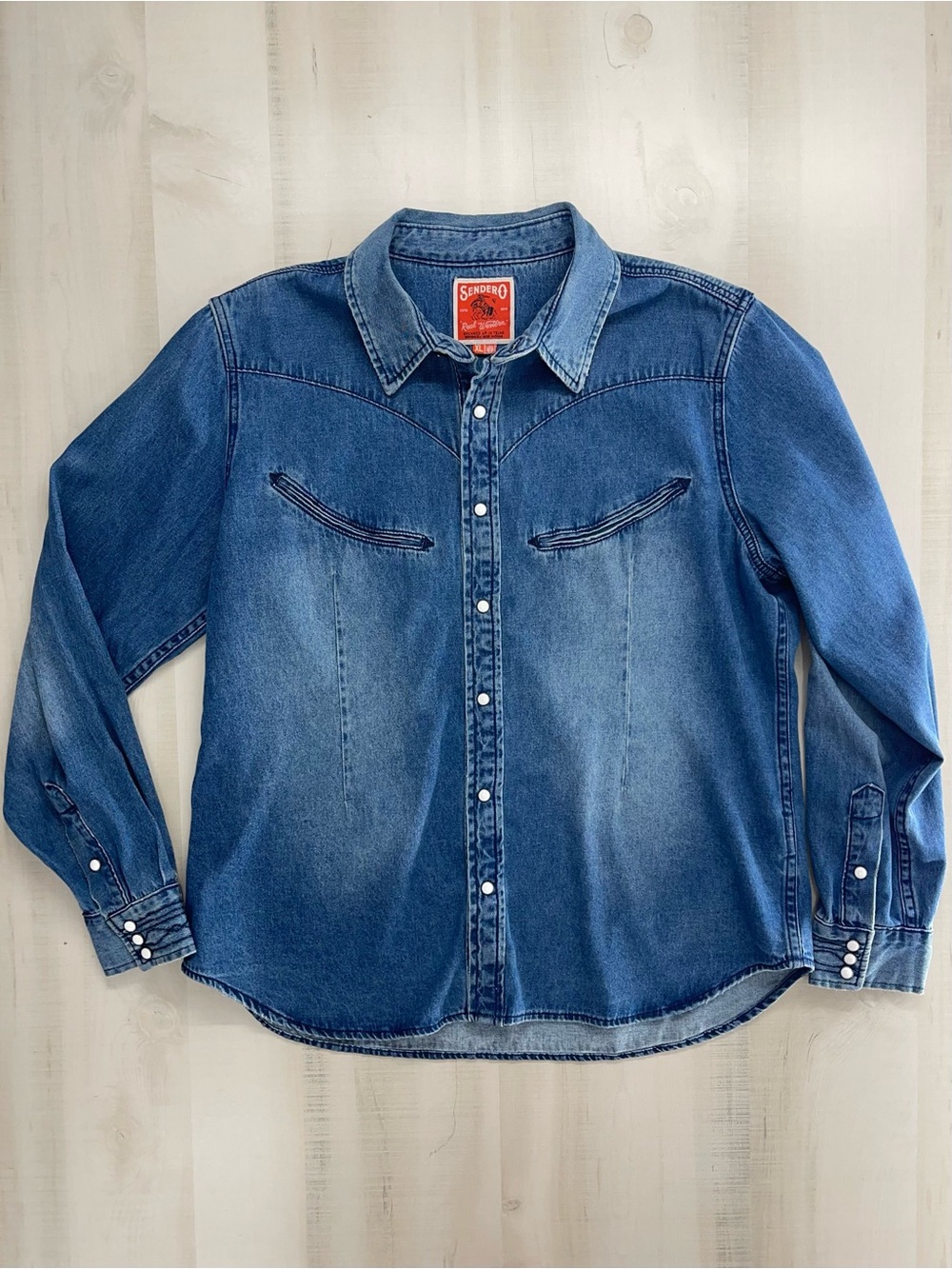 SENDERO womens denim western pearl button down blouse top xl